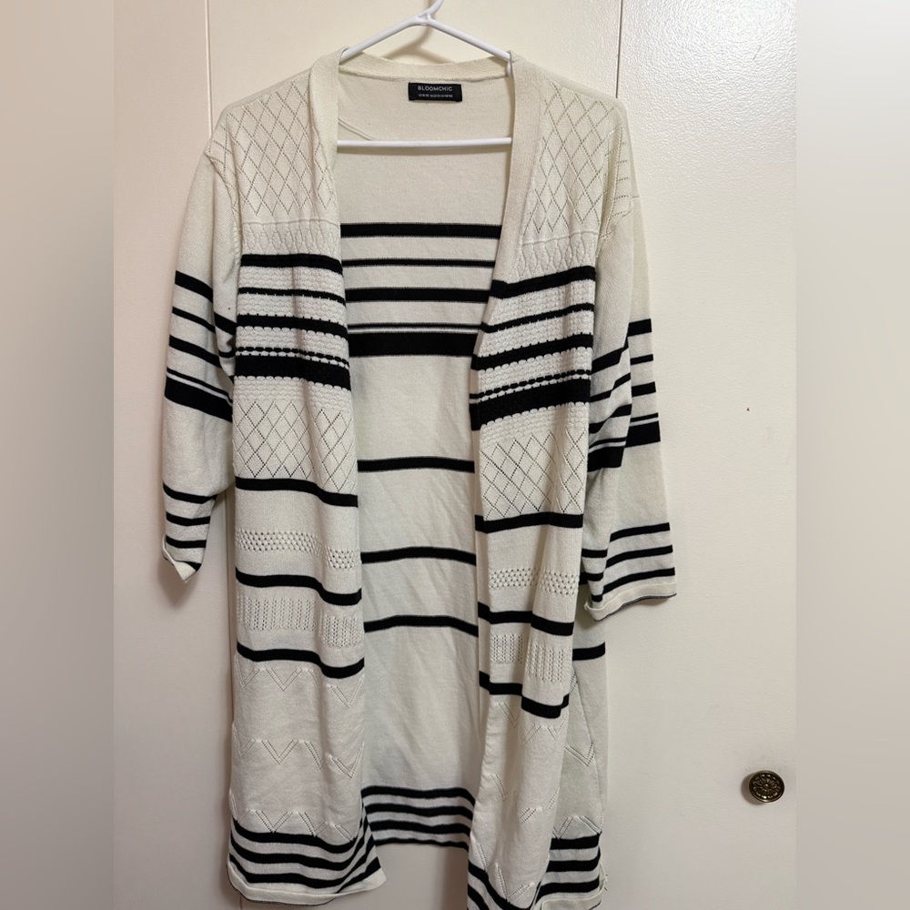 BloomChic Black and White Striped Cardigan Sweater